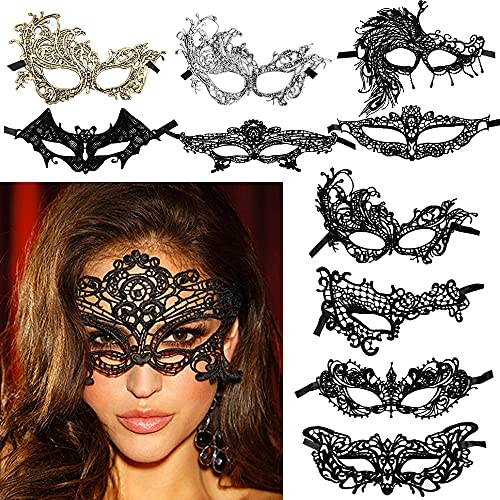 FLOFIA 10Stück Spitze Maske Schwarz Venezianische Maske Damen Lace Maske Maskerade Gold Augenmaske Frauen Fasching Maskenkostüm Gesichtsmaske Halloween Karneval Maskenball Gothic Cosplay Party von FLOFIA