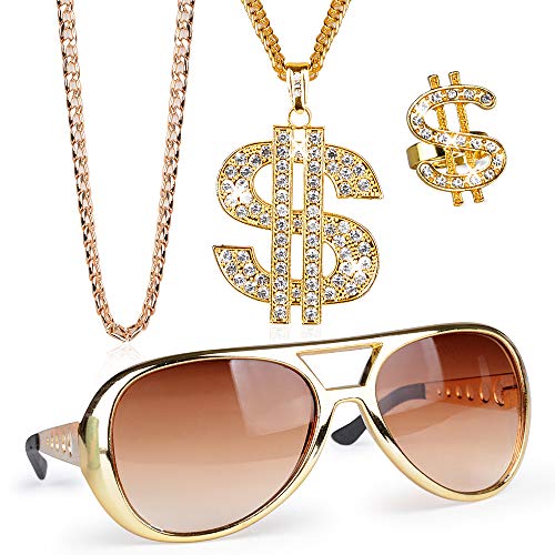 FLOFIA 4-er Set Dollar Kette Dollarzeichen Ring Rockstar Brille Rapper Set Schmuck Gangster 80er 90er Outfit Herren Kostüm Hiphop Schmuck Gold Millionär für Fasching Karneval von FLOFIA