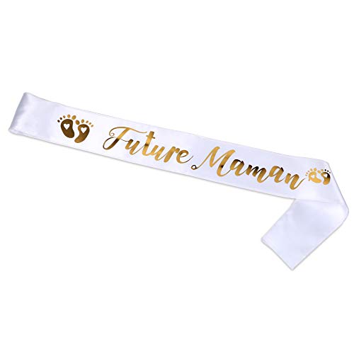 FLOFIA Französisch Future Maman Mummy to Be Satin Schärpe für Baby Dusche Taufe Dekoration Party Dekoration (mit Gold Text) Weiß von FLOFIA