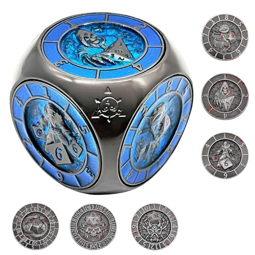 2025 DND Spinner-Würfelset, 7-in-1 Metallwürfel mit 3D-Relief, polyedrische Rollenspielwürfel, Fantasy Tabletop-RPG-Zubehör, Geschenkidee für Dungeons and Dragons Fans (Schwarz-Blau) von FLUEFOWL