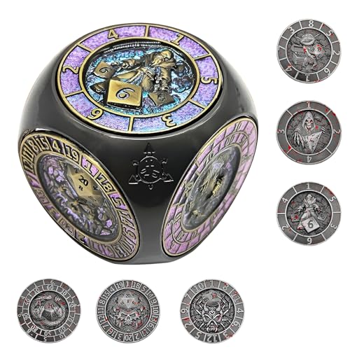 2025 DND Spinner-Würfelset, 7-in-1 Metallwürfel mit 3D-Relief, polyedrische Rollenspielwürfel, Fantasy Tabletop-RPG-Zubehör, Geschenkidee für Dungeons and Dragons Fans (Schwarz-Blau-Rosa) von FLUEFOWL