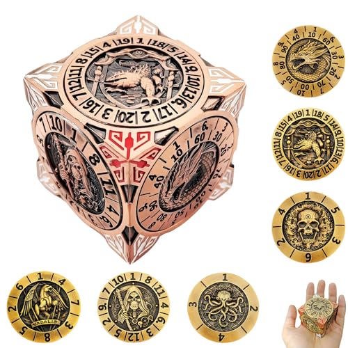 2025 Neues DND Spinner-Würfelset, 7-in-1 Metall-Würfel mit 3D-Relief, Dungeons and Dragons, polyedrische Rollenspiel-Würfel, Fantasy D&D Tabletop-RPG-Zubehör (Rotkupfer) von FLUEFOWL