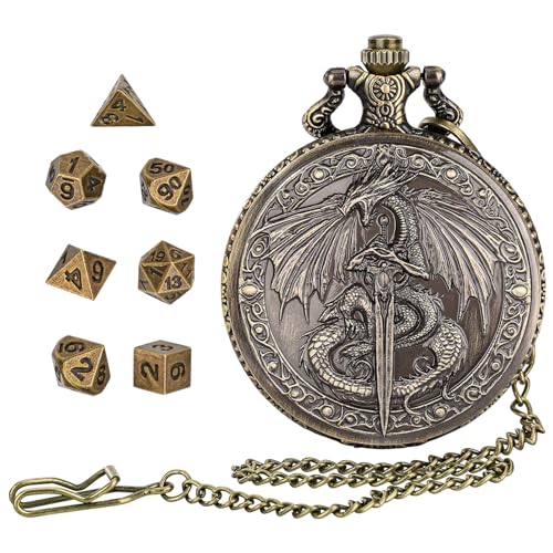 Drachenschwert D&D Würfelset mit Taschenuhrgehäuse, 7-teiliges Metall Würfel Set für Dungeons and Dragons, Mini-Würfelset mit Taschenuhrgehäuse, Rollenspiel-Brettspielzubehör (Gold) von FLUEFOWL