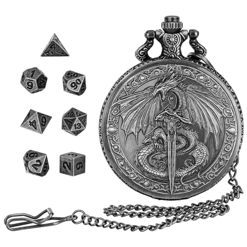 Drachenschwert D&D Würfelset mit Taschenuhrgehäuse, 7-teiliges Metall Würfel Set für Dungeons and Dragons, Mini-Würfelset mit Taschenuhrgehäuse, Rollenspiel-Brettspielzubehör (Schwarz) von FLUEFOWL