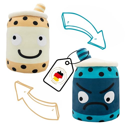 FLUFFHEARTS Bubble Tea Kuscheltier zum Wenden 28 cm Cute Plushie Squishy Kawaii Plushie Boba Booba Kuschelkissen Kinder Kuscheltiere Mädchen Boba Perlen Plüsch Stofftiere Anime (Blau/Gelb) von FLUFFHEARTS