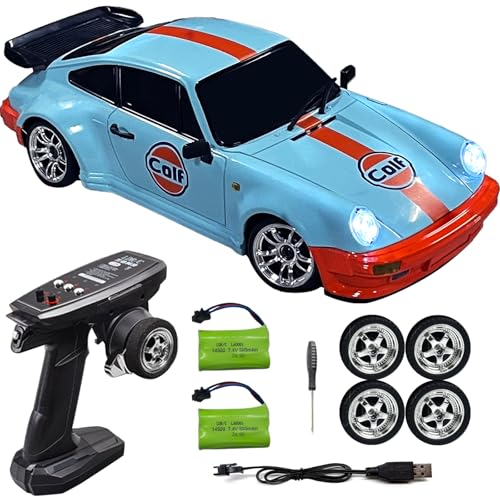 FLYCOLOR LD1898 1/18 RC Drift Car GTR R34 2.4GHz RWD mit Gyroskop On-Road Alloy Body Shell Rennwagen Funksteuerung (Blau-Orange) von FLYCOLOR