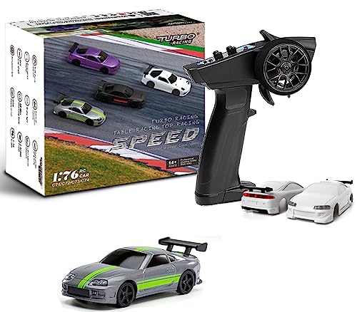 FLYCOLOR Turbo Racing 1/76 Skala Mini RC Auto mit 2.4G Remote Control Klassische LED Lichter Vollproportionale Fahrzeuge Modelle (C73-Grau) von FLYCOLOR