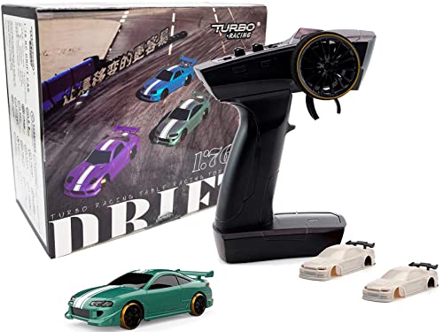 FLYCOLOR Turbo Racing C62 1:76 Skala Drift RC Auto mit Gyro Mini Full Proportional RTR 2.4GHZ Fernbedienung mit 2 austauschbarer Karosserieschale (Graugrün) von FLYCOLOR