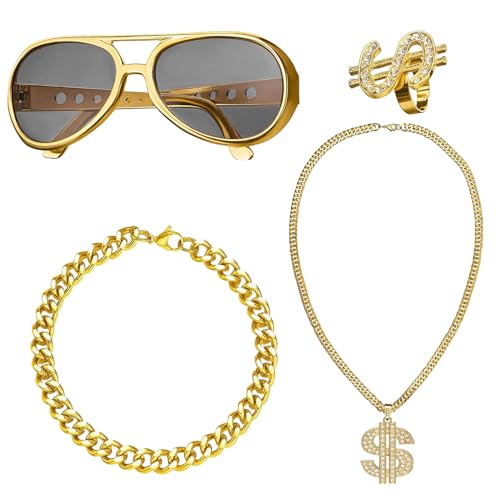 FMKLDENA Dollar Kette Set, 4 Stück Hip Hop Kostüm Kit, Dollar Zeichen Goldkette kit, Goldene Halskette, Armband, Ring und Brille80s/90s Rapper Accessories, für Fasching Karneval Party Zubehör von FMKLDENA