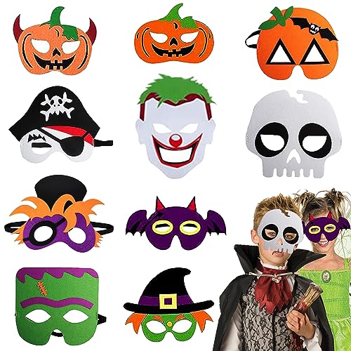 FMKLDENA Halloween Filz Masken, 10 Stück Cartoon Filzmaske, Halloween Filz Masken Kinder, für Mädchen Junge Halloween Karneval Maskerade Cosplay Party von FMKLDENA