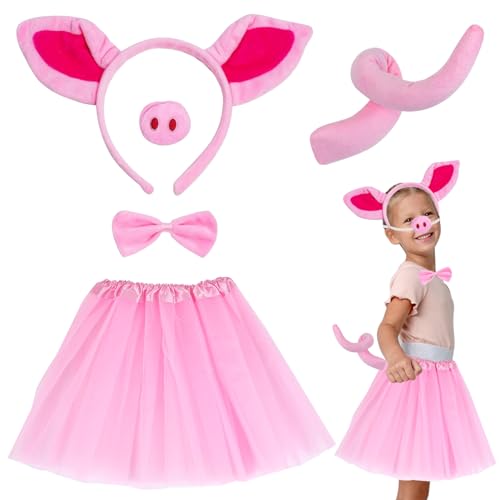 Schwein Kostüm Set, 5tlg Pink Pig Kostüm Set, mit Schwein Ohren Stirnband, Kinder Tutu Rock, Fliege, Schweinenase, Ferkel Schwanz, für Kindergeburtstag Karneval Halloween Fasching Party von FMKLDENA