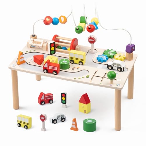 FMSKS 7-in-1-Aktivitätstisch Spieltisch Holz,Motorikspielzeug Mit Formensortierer,Montessori Holzspielzeug ab 3 Jahr,Spieltisch Baby,Geschenke Zum Geburtstag Für Jungen Und Mädchen ab 36 Monaten von FMSKS