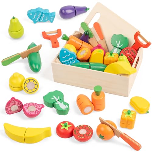 FMSKS Kinderküche Zubehör Spielzeug ab 3 Jahre, Holzspielzeug Kinderküche Spielküche Zubehör mit Klett-Verbindung, 32 Stück Küchenspielzeug Lernspielzeug Rollenspiele Pädagogisches Spielzeug Geschenk von FMSKS
