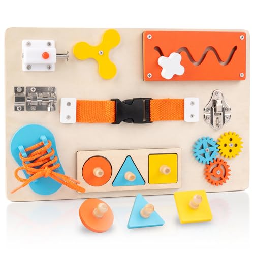 FMSKS Montessori Busy Board,Motorikbrett, Activity Board,mit 9 Aktivitäten Holzspielzeug,motorikspielzeug,Sensorik Spielzeug,Montessori Spielzeug,Geschenk für Mädchen und Jungen ab 3 Jahre von FMSKS