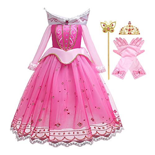 FMYFWY Aurora-Prinzessinnenkleid für Mädchen, Dornröschen, ausgefallenes Halloween-Kostüm, Weihnachten, Geburtstag, Partykleid, Rose, mit Zubehör, Größe 10–11 Jahre von FMYFWY