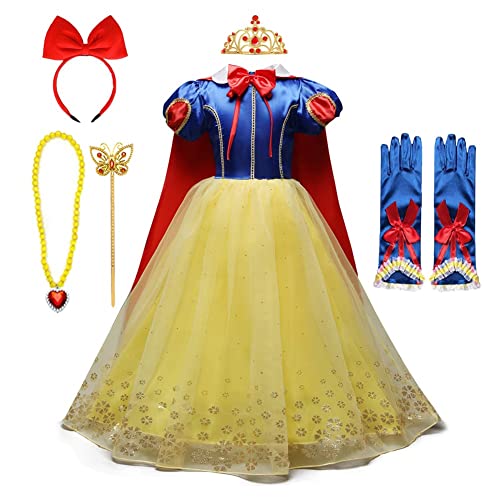FMYFWY Mädchen Karneval Kostüm Schneewittchen Prinzessin Geburtstag Kleid mit Umhang Halloween Weihnachten Faschingskostüm Party Festzug Festkleid Hochzeit Lang Tüll Ballkleid + Accessoires 7-8 von FMYFWY