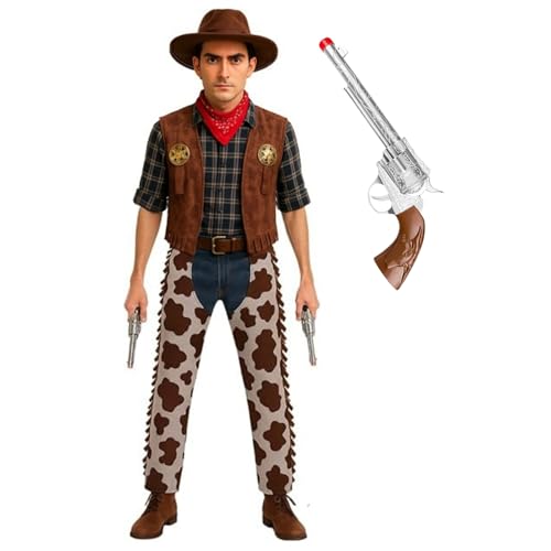 Cowboy-Kostüm für Erwachsene mit 30 cm Sheriff-Pistole – Western-Kostüm-Set mit Hut, Kaps, Weste, Krawatte – Halloween, Junggesellenabschied, Rollenspiel-Outfit (Cowboy-Kostüm + Sheriff-Pistole) von FNA FASHIONS