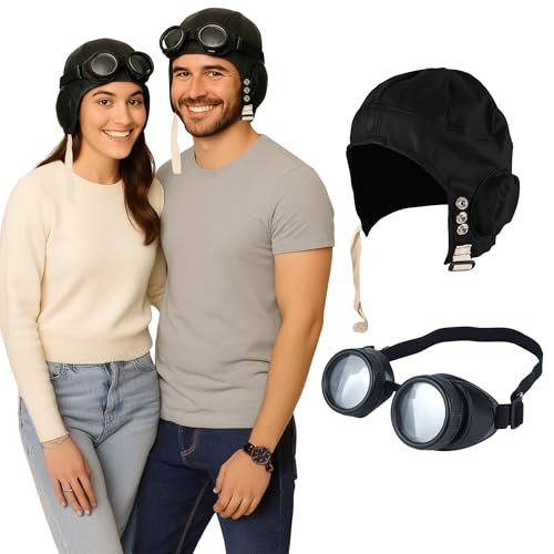 FNA FASHIONS® Black Biggles Hat Pilotenbrille Rahmen Flieger Opas Great Escape Kostüm Kit (schwarzer Biggles Hut + schwarze Brille Set) von FNA FASHIONS