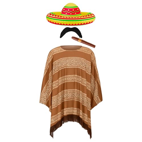 FNA FASHIONS® Mexikanisches Fiesta-Kostüm-Set – Poncho, aufblasbarer Sombrero, Zigarre & Schnurrbart – Einheitsgröße passt den meisten Erwachsenen (brauner Poncho) von FNA FASHIONS