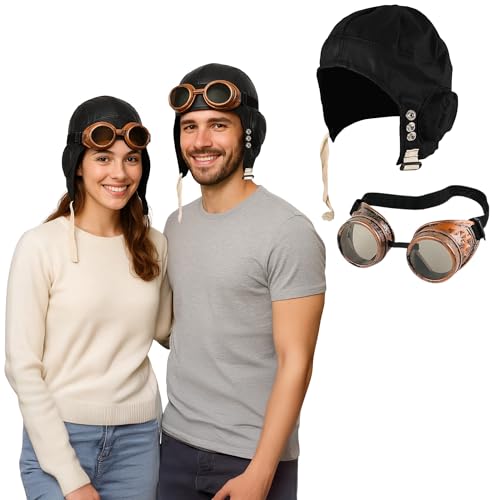 FNA FASHIONS® Pilotenbrille mit schwarzem Biggles-Hut, Pilotenbrille, Pilotenbrille, Opas tolles Fluchtkostüm-Set (Hut und Brille) von FNA FASHIONS