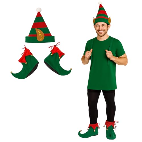 FNA FASHIONS Elfenmütze und Schuhüberzieher für Erwachsene, Unisex, Deluxe-Elfenmütze mit Ohren und Schuhüberzieher mit Glöckchen, Kostüm-Set, Weihnachtsmannhelfer, Kostümzubehör für Männer und Frauen von FNA FASHIONS