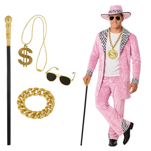 FNA FASHIONS Erwachsener Herren Samtanzug mit Zebra-Print Detail & passender Mütze - Komplettes 1970er Jahre Big Daddy Gangster Pimp Dress Up Kostüm mit 4 Accessoires (Pink Daddy Kostüm Set) von FNA FASHIONS