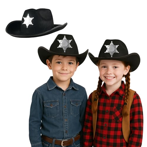 Schwarzer Cowboy-Sheriffhut mit silbernem Sternabzeichen für Kinder, lustiger Western-Sheriff-Kostüm, Accessoire für Jungen & Mädchen (schwarzer Deputy Sheriff-Hut, 1) von FNA FASHIONS