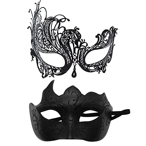 FNKDOR 2 Stück Venezianische Maske, Männer und Damen Spitze Maske Schwarz Augenmaske Maskerade Maske für Halloween Karneval Party Kostüm (BK1, One Size) von FNKDOR