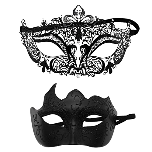 FNKDOR 2 Stück Venezianische Maske, Männer und Damen Spitze Maske Schwarz Augenmaske Maskerade Maske für Halloween Karneval Party Kostüm (BK10, One Size) von FNKDOR