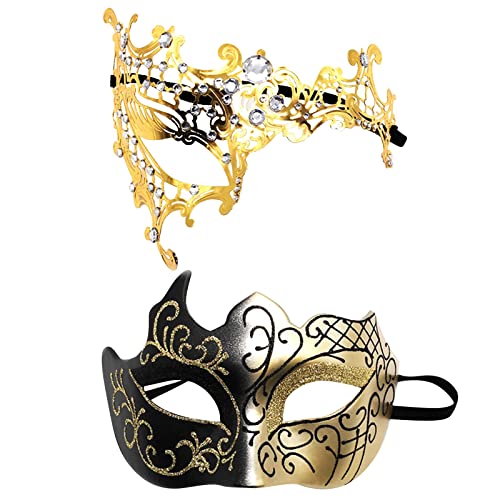 FNKDOR 2 Stück Venezianische Maske, Männer und Damen Spitze Maske Schwarz Augenmaske Maskerade Maske für Halloween Karneval Party Kostüm (GD1, One Size) von FNKDOR