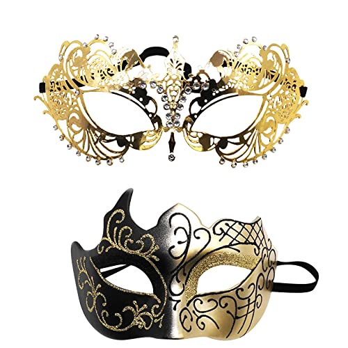 FNKDOR 2 Stück Venezianische Maske, Männer und Damen Spitze Maske Schwarz Augenmaske Maskerade Maske für Halloween Karneval Party Kostüm (GD3, One Size) von FNKDOR