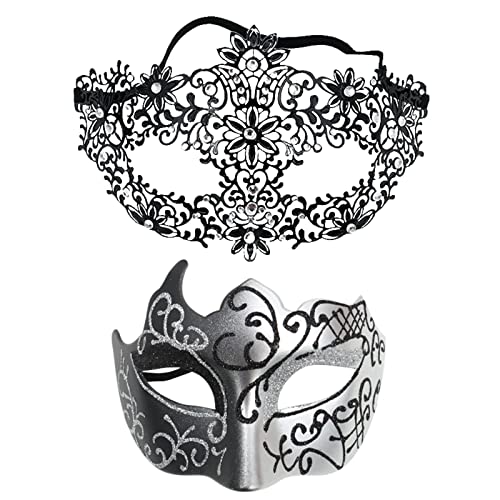 FNKDOR 2 Stück Venezianische Maske, Männer und Damen Spitze Maske Schwarz Augenmaske Maskerade Maske für Halloween Karneval Party Kostüm (SL1, One Size) von FNKDOR
