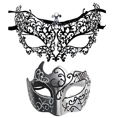 FNKDOR 2 Stück Venezianische Maske, Männer und Damen Spitze Maske Schwarz Augenmaske Maskerade Maske für Halloween Karneval Party Kostüm (SL10, One Size) von FNKDOR