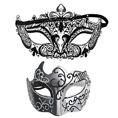 FNKDOR 2 Stück Venezianische Maske, Männer und Damen Spitze Maske Schwarz Augenmaske Maskerade Maske für Halloween Karneval Party Kostüm (SL9, One Size) von FNKDOR