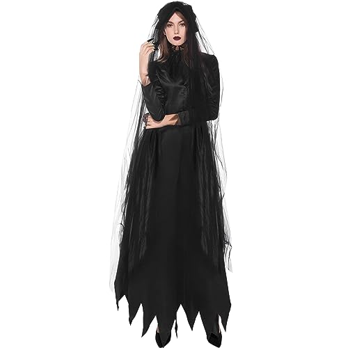 FNKDOR Halloween Kostüm Weibliches Halloween-Rollenspielkostüm, mittelalterliches Hexenkostüm (Kleid + Kopfbedeckung + Hut) (Black, XXL) von FNKDOR