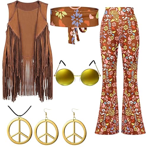 FNKDOR Hippie Kostüm Damen Set Fransen ärmellos Weste Hippie Kleidung Damen 60er 70er Jahren Bekleidung Damen Mädchen Disco Outfit Bolero Karneval Faschingskostüme (C-Khaki, M) von FNKDOR