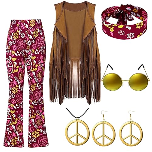 FNKDOR Hippie Kostüm Damen Set Fransen ärmellos Weste Hippie Kleidung Damen 60er 70er Jahren Bekleidung Damen Mädchen Disco Outfit Bolero Karneval Faschingskostüme (D-Wine, L) von FNKDOR
