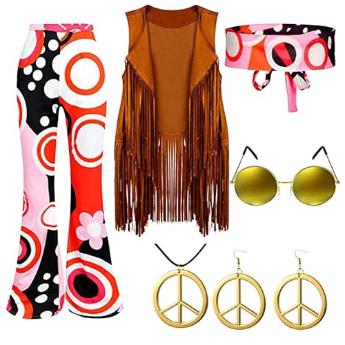 FNKDOR Hippie Kostüm Damen Set Fransen ärmellos Weste Hippie Kleidung Damen 60er 70er Jahren Bekleidung Damen Mädchen Disco Outfit Bolero Karneval Faschingskostüme (E-Hot Pink, L) von FNKDOR
