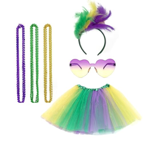FNKDOR Karneval Kostüm Set Damen Mädchen Feder Haarband Sonnenbrille Bunt Tutu-Röcke und 3 Halskette 6-teiliges Set für MardiGras Karneval Cosplay Party (Green, One Size) von FNKDOR