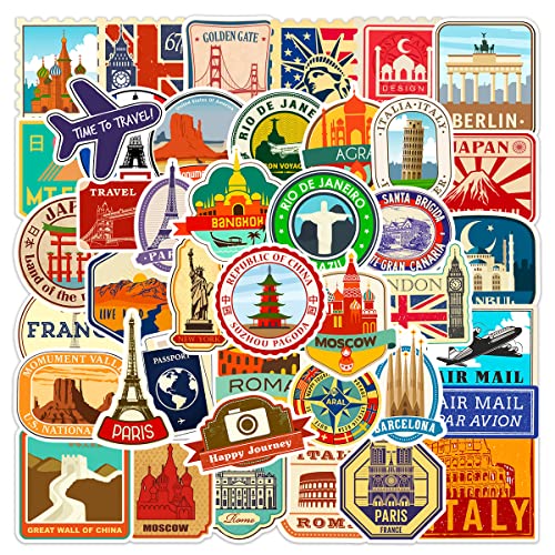 50Pcs Travel Map City Stickers, World Famous Tourist Landmark Stickers Packs, Vintage City Architecture Landscape Stamps Vinyl Waterproof Stickers von FOCRI