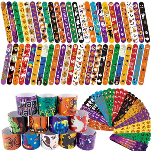 FODYNE Halloween Slap Armbänder, Kürbis-Geist, Spinne, Fledermaus, Skelett-Designs, Partygeschenke für Kinder, 100 Stück von FODYNE