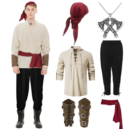 FOGARI Piratenkostüm Herren Mittelalter Kleidung Set - Renaissance Kostüm, Mittelalterliches Piratenhemd Hose Kopfschmuck Gürtel Handgelenkschützer Halsketten, für Partys Karneval von FOGARI