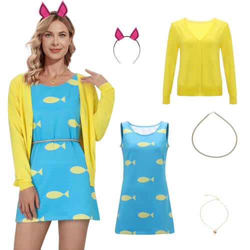 Damen Prinzessin Carolyn Kleid Cosplay Kostüm Gelb Strickcardigan Kleid Gürtel Halskette Halloween Party Outfit (groß) von FOGHORN