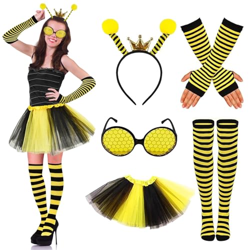 FOHYLOY Biene Kostüm Accessoire, Bienenantenne Stirnband und Brillenset mit Gestreifte Überkniestrümpfe Lange Handschuhe, Bienen Kostümzubehör für Mottoparty Karneval Cosplay Halloween (A) von FOHYLOY
