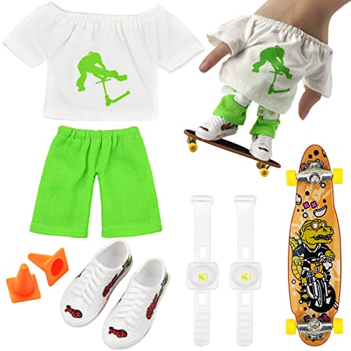FOHYLOY Mini Fingerspielzeug Skateboard Set, Finger Skateboard mit Schuhe Kleidung Hosen Straßensperren Knieschützern, Fingerboard Spiele für Kinder und Teenager (Grün) von FOHYLOY
