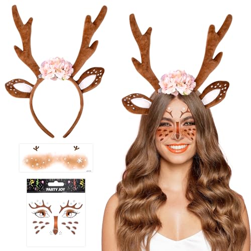 FOHYLOY Rentier Haarreif Reh Kostüm Damen Karneval Kostüm Reh Geweih Haarreif Blumen mit Reh Gesicht Aufkleber, Faschingskostüme Kinder Erwachsene für Fasching Motto Cosplay Party von FOHYLOY