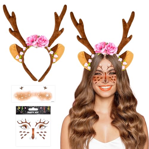 FOHYLOY Rentier Haarreif Reh Kostüm Damen Karneval Kostüm Reh Geweih Haarreif Blumen mit Reh Gesicht Aufkleber, Faschingskostüme Kinder Erwachsene für Fasching Motto Cosplay Party von FOHYLOY