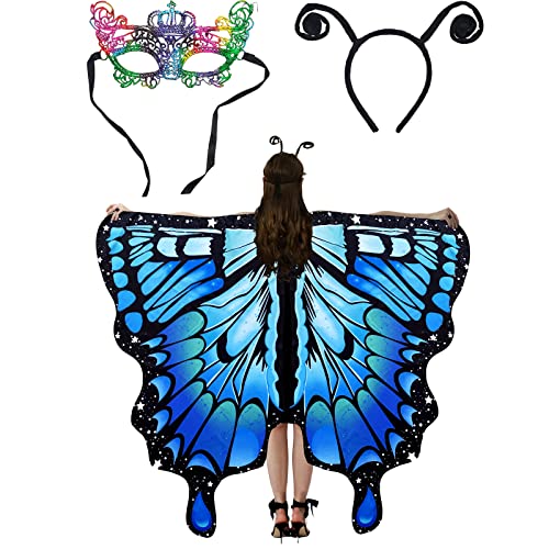 FOHYLOY Schmetterling Kostüm Damen, Frauen Schmetterlingsflügel, Faschingskostüm für Damen, Schmetterling Karneval Kostüm Damen, Kostüm Prop für Cosplay Karneval Fasching Party (Blau) von FOHYLOY