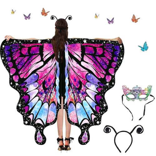 FOHYLOY Schmetterling Kostüm Damen, Karneval Kostüm Erwachsene, Fee Kostüm Damen, Schmetterling Umhang Costume mit Antenne Haarreif, Damen Spitze Maske,für Karneval,Fasching Cosplay,Mottoparty von FOHYLOY