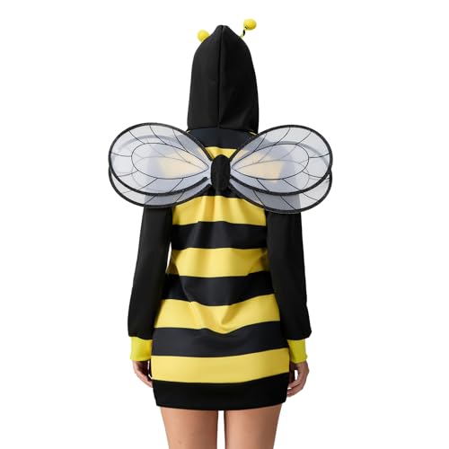 Damen Halloween Cosplay Bienenkostüm Bienenkönigin Kapuzenkleid mit Flügeln Verkleidung Party Kostüm (Gelb, M) von FOKPLEA